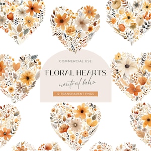 Clipart de corazón floral bohemio, descarga digital, corazón con flores, acuarela de San Valentín, baby shower rústico con corazón de amor, PNG para uso comercial