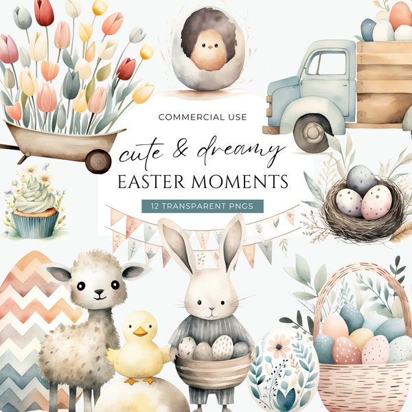 Pastel Easter Watercolor Clipart, DIGITAL DOWNLOAD, Cute Easter Truck, Spring Chick, Baby Lamb, Duckling Free Commercial Use Transparent PNG