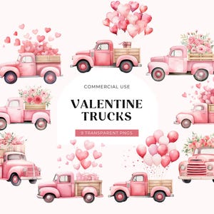 Valentine Pink Truck Clipart, DIGITALE DOWNLOAD, Vintage Truck Met Harten Bloemen Rozen Ballonnen, Retro Farm Pick-up, Gratis Commercieel Gebruik, PNG