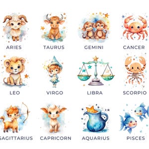 Zodiac Signs Clipart Baby, DIGITAL DOWNLOAD, Astrology Star Signs, Commercial Use, Baby Animal Watercolor Clip Art, PNG For Nursery Wall Art image 2