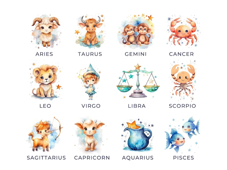 Zodiac Signs Clipart Baby, DIGITAL DOWNLOAD, Astrology Star Signs, Commercial Use, Baby Animal Watercolor Clip Art, PNG For Nursery Wall Art image 2