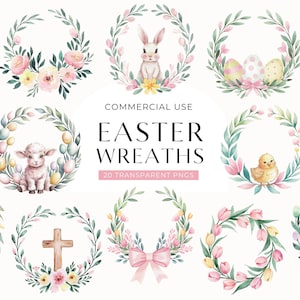 Clipart de corona de Pascua, lindo clip art de huevo de Pascua, conejito de Pascua en acuarela, cordero bebé en acuarela pastel, corona floral de primavera DESCARGA DIGITAL