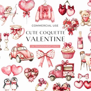 Cute Coquette Valentine Clipart, Laços de aquarela para namorados, Clip Art para scrapbooking, Uso comercial PNG para o dia dos namorados, DOWNLOAD DIGITAL