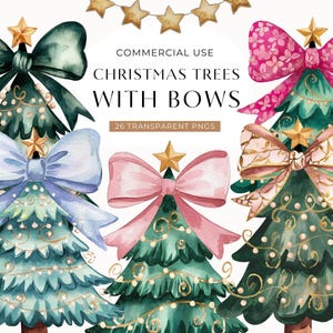 Bow Christmas Tree Clipart, DIGITAL DOWNLOAD, Watercolor Christmas Tree With Pink Bows Clipart, Coquette Whimsical Xmas Commercial Use PNG