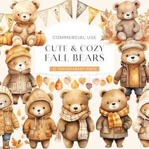 Cute Fall Bear Clipart, DOWNLOAD DIGITAL, Clipart de chá de bebê de urso de pelúcia de outubro, Abóbora de outono em aquarela aconchegante, Uso comercial de berçário PNG