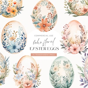 Blumen Aquarell Ostereier Clipart, DIGITAL DOWNLOAD, Boho Blumen Osterkarte Clipart, rustikale Frühling Clip Art, kostenlose kommerzielle Nutzung PNG
