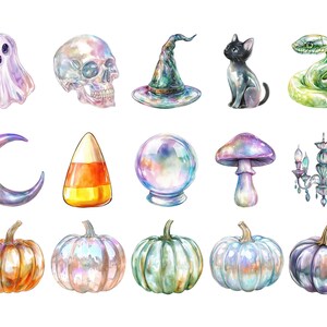 Iridescent Halloween Clipart, DIGITAL DOWNLOAD, Glass Pumpkin Watercolor Clip Art, Cute Pastel Ghost Graphic, Witches Hat Commercial Use PNG image 2