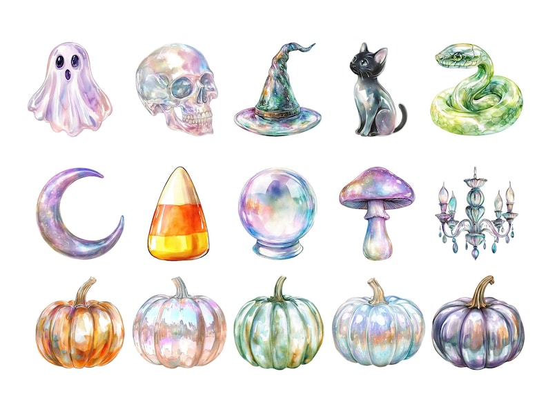 Iridescent Halloween Clipart, DIGITAL DOWNLOAD, Glass Pumpkin Watercolor Clip Art, Cute Pastel Ghost Graphic, Witches Hat Commercial Use PNG image 2