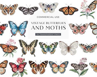 Vintage Butterfly Moth Clipart, DIGITAL DOWNLOAD, Watercolor Cottagecore Insects, Junk Journal Ephemera Clip Art, Insect Commercial Use PNG