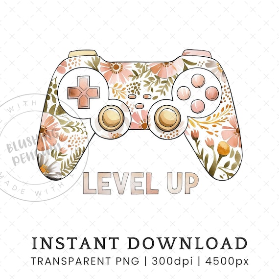 Cozy Gamer PNG, Floral Video Game Controller Sublimation Design, Level Up Clipart, Digital Download, Gamer Girl Clip Art, Gaming Handset PNG