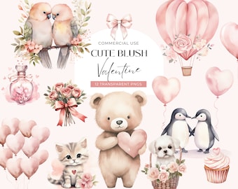 Cute Valentine Clipart, DIGITAL DOWNLOAD, Valentines Day Teddy Bear, Blush Pink Watercolor Love Hearts, February Planner Commercial Use PNG
