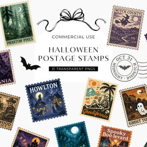 May include: A collection of Halloween-themed postage stamps with various spooky illustrations. The stamps feature images of haunted houses, bats, ghosts, and skeletons. Text includes "Halloween Postage Stamps" and location names like "Ghoulifornia" and "Ghost Town".