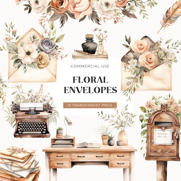 Floral Envelopes Clipart, DIGITAL DOWNLOAD, Shabby Chic Writer Clip Art, Writing Journal Clipart, Boho Vintage Typewriter Commercial Use PNG