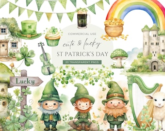 Niedliches St. Patricks Day Clipart, digitaler Download, Aquarell Kobold, 4 Kleeblatt, Kleeblatt, Regenbogen Topf voll Gold, irische kommerzielle Nutzung PNG