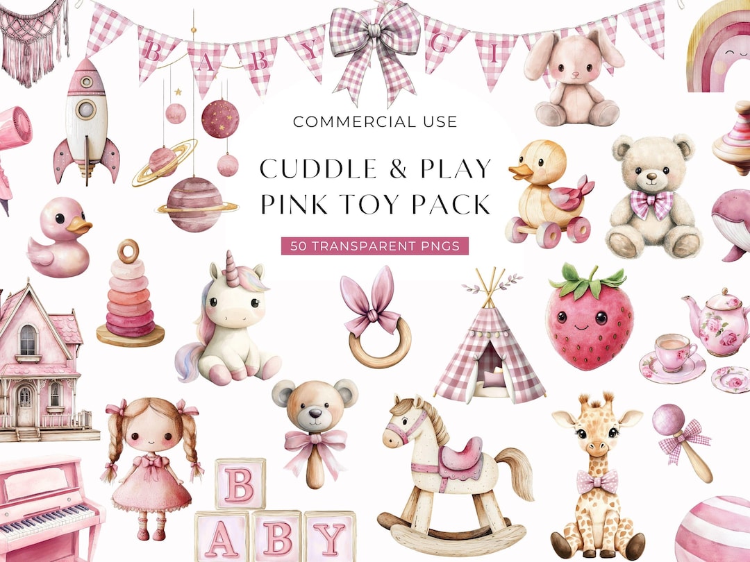 Baby Girl Toys Clipart, Cute Blue Watercolor Nursery Clip Art, Girl ...