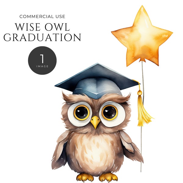 Graduation Owl Clipart, Single Image DIGITAL DOWNLOAD, Watercolor Grad Cap PNG, Cute Teacher College Student Clip Art, Free Commercial Use