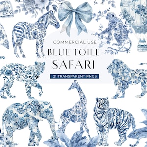 Safari toile Clipart bleu, téléchargement numérique, clipart toile de Jouy pour baby shower, aquarelle chinoiseries animaux de la jungle, usage Commercial PNG