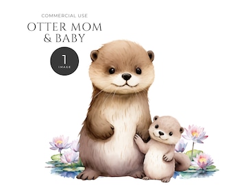 Baby Animal And Mom Clipart, Single Image DIGITAL DOWNLOAD, Cute Watercolor Otters, Mothers Day Card Clip Art, Nursery Commercial Use PNG