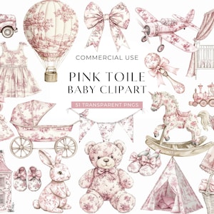 Puede incluir: Colección de imágenes prediseñadas de bebé toile rosa. La imagen presenta varias ilustraciones, incluyendo un globo aerostático, un avión, una cuna, un oso de peluche, un caballito balancín y un cochecito. Se muestra el texto "Pink Toile Baby Clipart".
