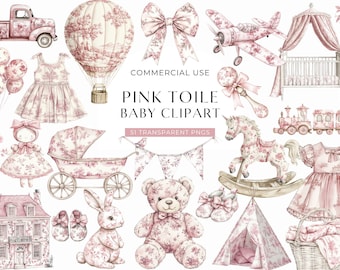 Rosa Toile Baby Clipart, Es ist eine Mädchen-Babyparty Toile De Jouy Clip Art, Aquarell Blumen Chinoiserie, Vintage Französisch Kindergarten DIGITAL PNG