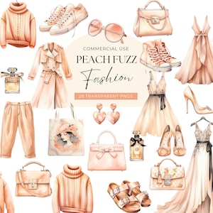 Spring Clothes Clipart Peach, DIGITAL DOWNLOAD, Watercolor Women Fashion Accessories, Planner Girl Outfit, Dress Handbag, Commercial Use PNG image 1