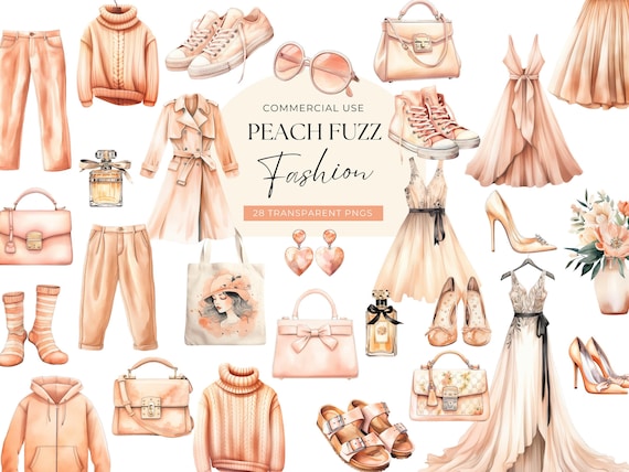 Spring Clothes Clipart Peach, DIGITAL DOWNLOAD, Watercolor Women Fashion Accessories, Planner Girl Outfit, Dress Handbag, Commercial Use PNG