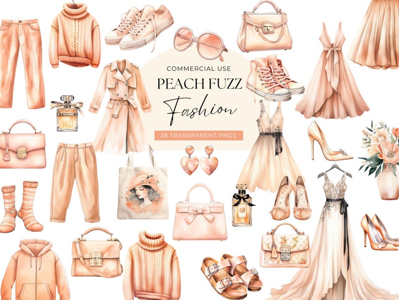 Spring Clothes Clipart Peach, DIGITAL DOWNLOAD, Watercolor Women Fashion Accessories, Planner Girl Outfit, Dress Handbag, Commercial Use PNG image 1