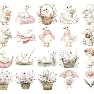 May include: Watercolor illustrations of adorable white ducklings in various poses. Some ducklings hold flowers, a teddy bear, or wear scarves. Other images include a duckling in a basket, on a crescent moon, and in a pink airplane.