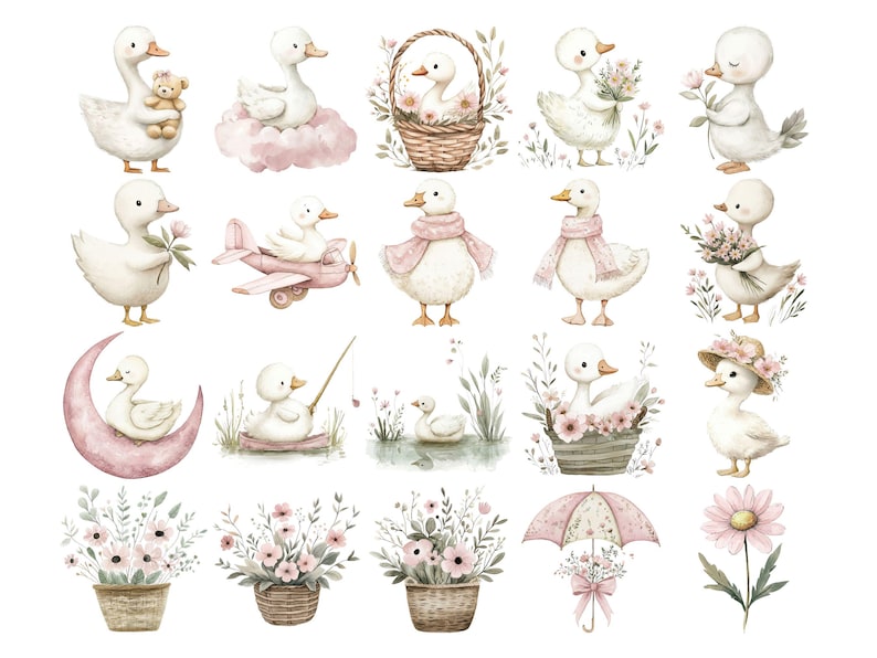 May include: Watercolor illustrations of adorable white ducklings in various poses. Some ducklings hold flowers, a teddy bear, or wear scarves. Other images include a duckling in a basket, on a crescent moon, and in a pink airplane.