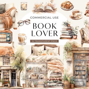 Pode incluir: Uma coleção de ilustrações em aquarela apresentando um sofá, poltrona, rádio, livros, café, biscoitos e fachadas de livrarias com o texto COMMERCIAL USE BOOK LOVER 16 TRANSPARENT PNGS no centro da imagem.