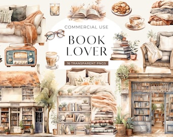 May include: A collection of watercolour illustrations featuring a sofa, armchair, radio, books, coffee, cookies, and bookstore storefronts with the text COMMERCIAL USE BOOK LOVER 16 TRANSPARENT PNGS centred in the middle of the image.
