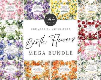 May include: A digital collection of 144 PNG files featuring watercolor birth flowers for each month. The text reads Commercial Use Clipart Birth Flowers Mega Bundle, with individual labels for January Carnations through December Narcissus.