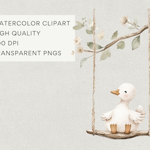 Puede incluir: Ilustraci&oacute;n en acuarela de un patito blanco en un columpio de rama de madera y cuerda. El patito tiene pico y patas amarillas. El columpio cuelga de una rama con hojas y flores. Texto: "WATERCOLOR CLIPART, HIGH QUALITY, 300 DPI, TRANSPARENT PNGS."