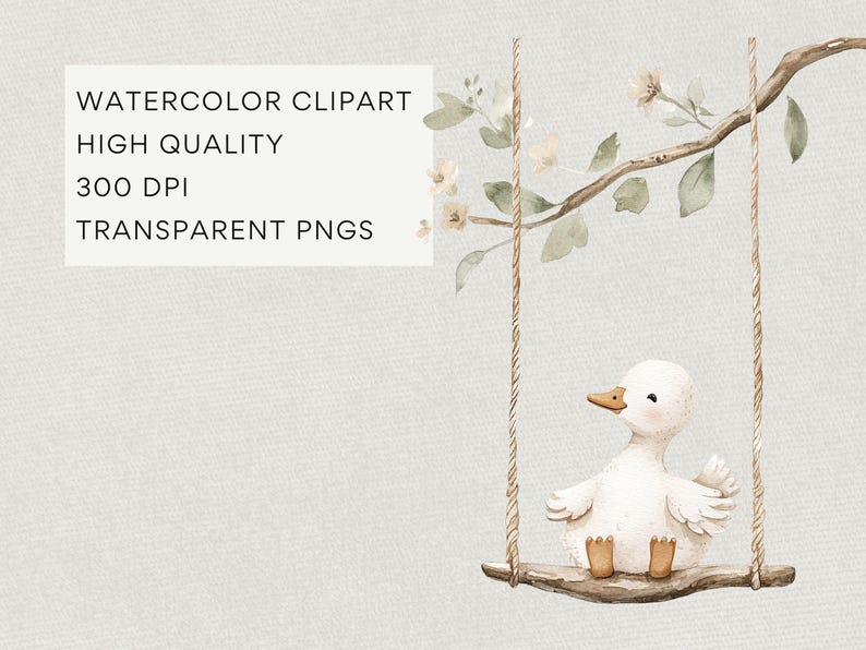 Puede incluir: Ilustraci&oacute;n en acuarela de un patito blanco en un columpio de rama de madera y cuerda. El patito tiene pico y patas amarillas. El columpio cuelga de una rama con hojas y flores. Texto: "WATERCOLOR CLIPART, HIGH QUALITY, 300 DPI, TRANSPARENT PNGS."
