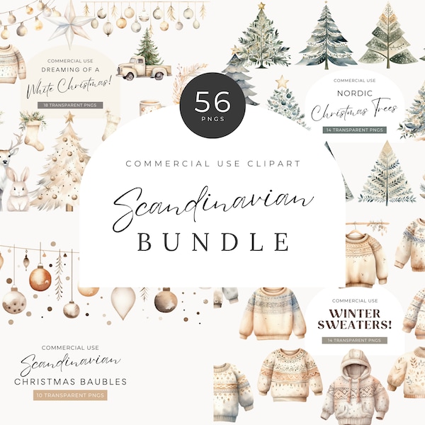 Scandinavian Christmas Clipart Bundle, DIGITAL DOWNLOAD, Neutral Cozy Hygge Winter Illustrations, Nordic Xmas Trees, Free Commercial Use PNG