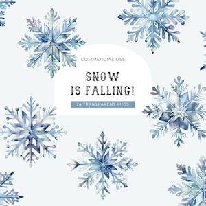 Clipart aquarelle flocon de neige, téléchargement numérique, flocons de neige Noël Clipart, bleu qui tombe de la neige de Noël, hiver graphiques usage Commercial PNG