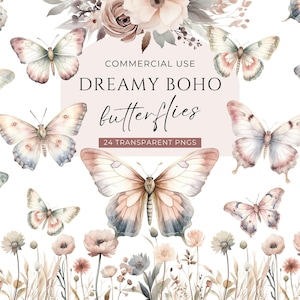 Boho papillon Clipart, téléchargement numérique, papillons aquarelles, fleurs sauvages avec papillon, clipart floral baby shower, usage Commercial PNG
