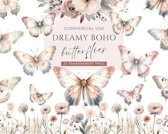Boho Butterfly Clipart, DIGITAL DOWNLOAD, Watercolor Butterflies, Wildflowers With Butterfly, Floral Baby Shower Clipart, Commercial Use PNG