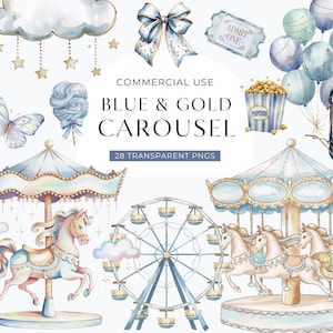 Blauwe carrousel aquarel clipart, schattige carrousel paard illustraties, pony baby shower clipart, decor kwekerij commercieel gebruik PNG, digitale DOWNLOAD