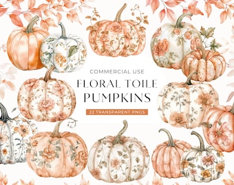 Toile Pumpkins Clipart Orange, DIGITAL DOWNLOAD, Watercolor Chinoiserie, Toile De Jouy Floral Thanksgiving Clip Art, Fall Commercial Use PNG