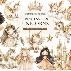 Clipart licorne princesse, clipart aquarelle mignon de conte de fées, clipart Invitation fête d'enfants, fille bohème chambre d'enfant usage Commercial PNG, NUMÉRIQUE