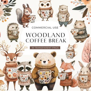 Animales del bosque con café, descarga digital, imágenes prediseñadas de amantes del café, gráficos con temática de café en acuarela, uso comercial PNG