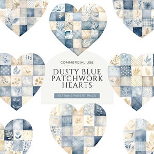 Clipart de corazones de patchwork azules, descarga digital, lindo clipart de San Valentín, clipart de baby shower de corazón dulce, uso comercial de colchas de costura PNG