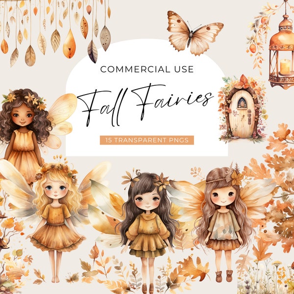 Fall Fairy Clipart Bundle, DIGITAL DOWNLOAD, Watercolor Woodland Fairies, Forest Fairy Tale, Autumn Garden Baby Shower, Commercial Use PNG