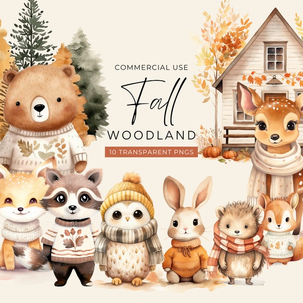 Fall Animal Clipart, DIGITAL DOWNLOAD, Woodland Creatures Illustrations, Autumn Forest Animals, Fox Watercolor Graphics, Commercial Use PNG