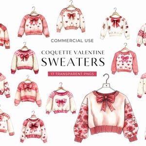 Clipart maglione di San Valentino Coquette, fiocchi di San Valentino ad acquerello carini, clipart ragazza planner di febbraio, PNG di San Valentino, DOWNLOAD DIGITALE