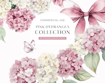 Clipart de hortensia rosa, clipart floral de acuarela, clipart de borde de ramo de flores, clipart de invitación para baby shower de niña, PNG digital