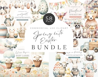 May include: A digital clipart bundle featuring watercolor illustrations of Easter bunnies, lambs, woodland animals, decorated eggs, hot air balloons, and a vintage truck, with text reading 58 PNGS, COMMERCIAL USE CLIPART, Spring into Easter BUNDLE.