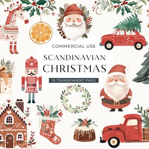 Clipart navideño escandinavo, descarga digital, clip art de tarjeta navideña de estilo nórdico, arte popular escandinavo en acuarela, adorable Papá Noel para uso comercial PNG