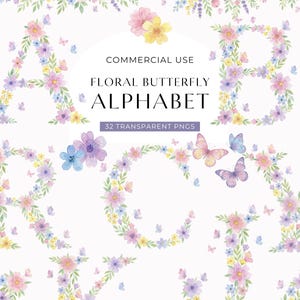 May include: Floral alphabet letters decorated with watercolor flowers and butterflies in pastel colors. The image includes the text "COMMERCIAL USE" and "FLORAL BUTTERFLY ALPHABET" with "32 TRANSPARENT PNGS".